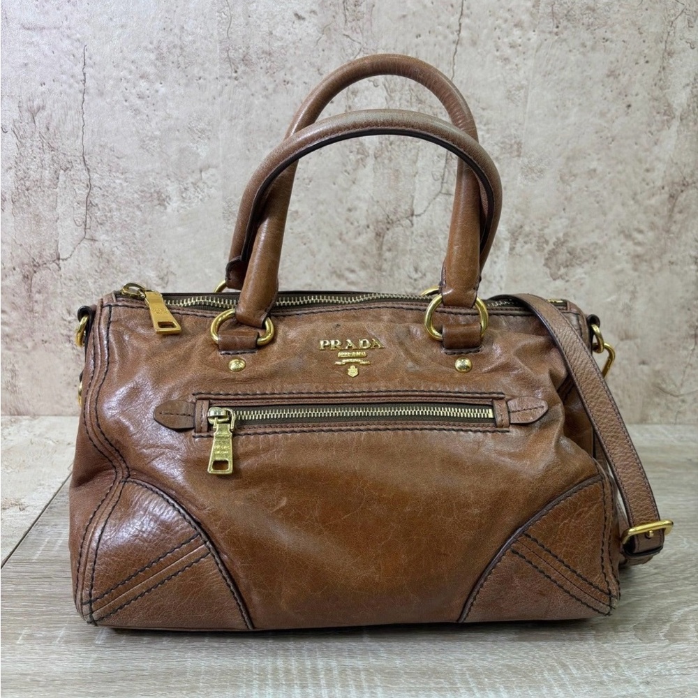Prada Vintage Rare Tan Leather Satchel Worn-in Look - Picture 2 of 10